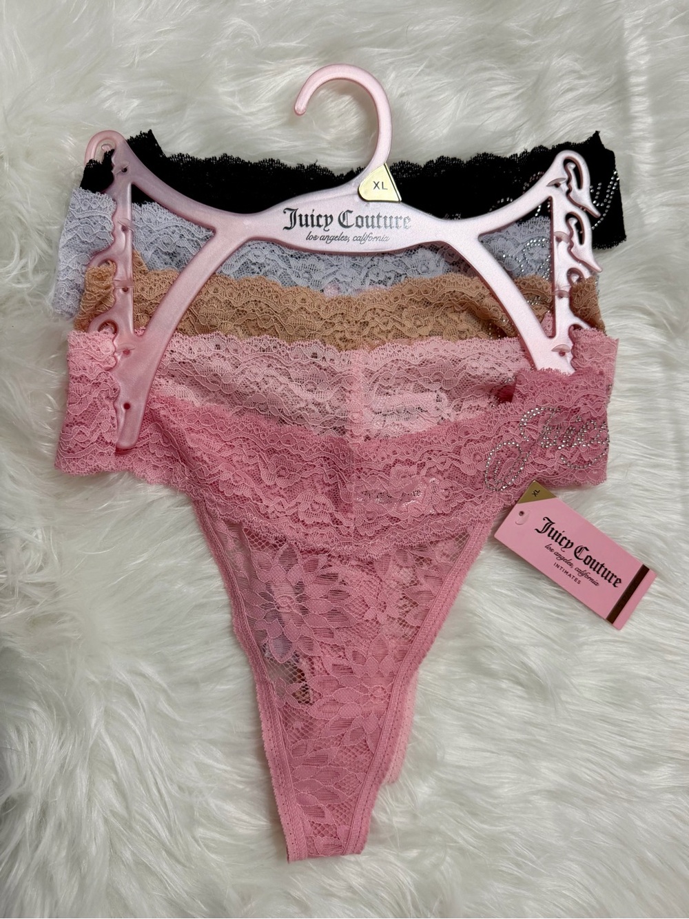 NWT Juicy Couture Lace Thong Panty - Multipack of 5 - Nude Black Pink Blue XL